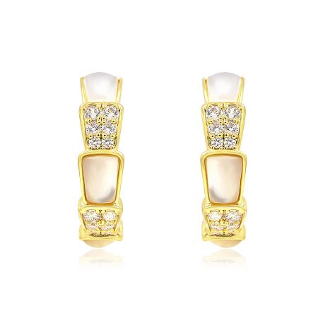 Natural White Shell Snake Earrings - A close-up view of the Natural White Shell Snake Earrings, showcasing the intricate gold plating, mother-of-pearl inlay, and sparkling cubic zirconia stones.