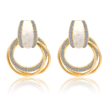 White Shell Print Enamel Hoops Drop Earrings - White Shell Print Enamel Hoops Drop Earrings with a double-layered hoop design, crafted from gold-plated brass and adorned with white Czech crystals.