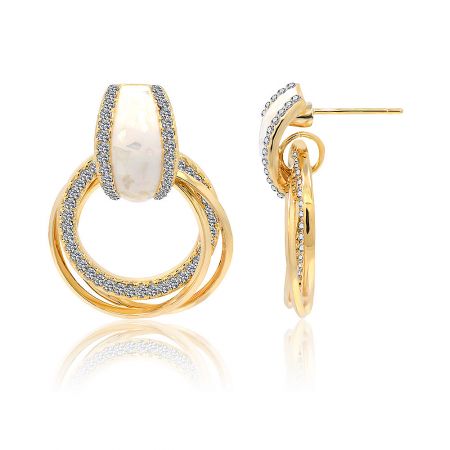 A close-up view of the circular design of the White Shell Print Enamel Hoops Drop Earrings.