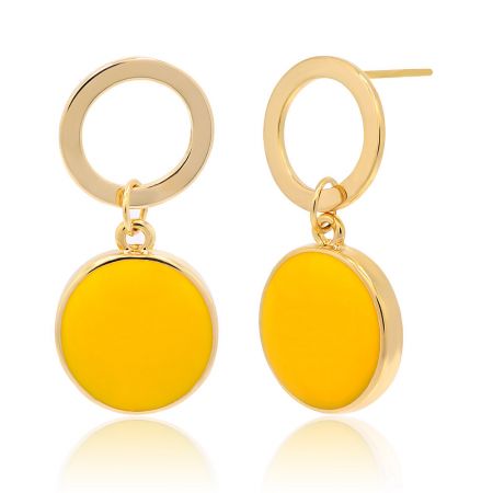 Close-up detail of the Spring Yellow Enamel Round Disc Earrings, highlighting the craftsmanship of the round yellow disc.