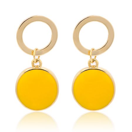 Spring Yellow Enamel Round Disc Earrings - A pair of Spring Yellow Enamel Round Disc Earrings, featuring gold-plated studs and vibrant yellow circular pendants, shown on a clean white background.