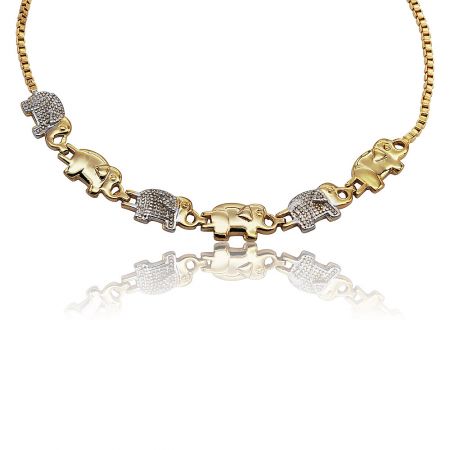 A matching gold elephant necklace with hat charms, part of a potential jewelry set.