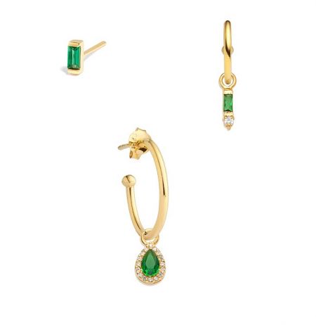 Emerald Hoop Earrings Set - A set of three gold-plated emerald hoop earrings with cubic zirconia accents, displayed on a clean white background. Style JRE-149 from JR Fashion Accessories.