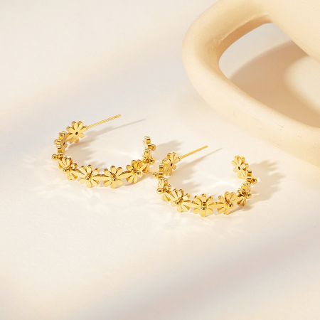 Stainless Steel Gold Flower C-Shaped Stud Earrings (5 Pairs) - A pair of stainless steel gold-plated C-shaped stud earrings with an elegant floral design, displayed on a clean white background.