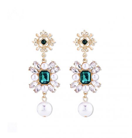 Vintage Emerald Glass Pearl Dangle Earrings - A pair of vintage-style gold-tone floral dangle earrings featuring a prominent emerald green gemstone, surrounded by white faux pearls and clear crystals.