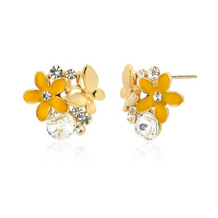 Detailed view of the Summer Daisy Flower Butterfly Studs showcasing the intricate gold-plated design and gemstone setting.