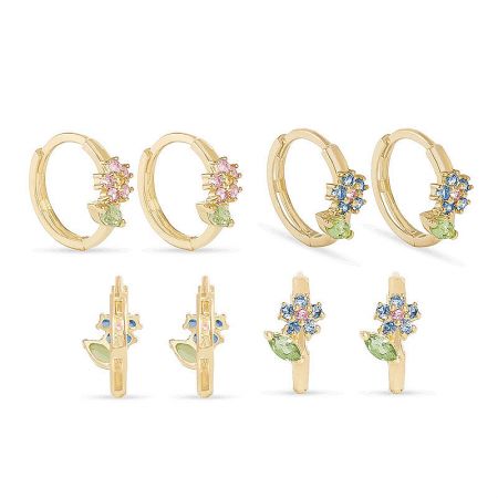925 Sterling Silver Cubic Zirconia Flower Hoop Earrings - Front and side view of 925 sterling silver flower hoop earrings with gold plating, featuring interchangeable pink, blue, and green cubic zirconia center stones.