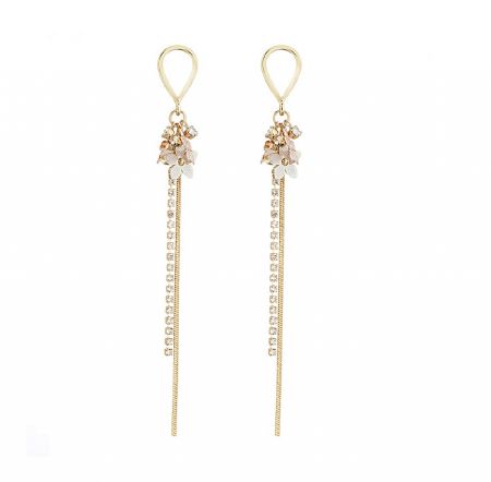 Three Tone Flower Long Drop Earrings - A pair of Three Tone Flower Long Drop Earrings with gold, rose gold, and rhodium plating, featuring floral details and dangling chains with white crystal accents.