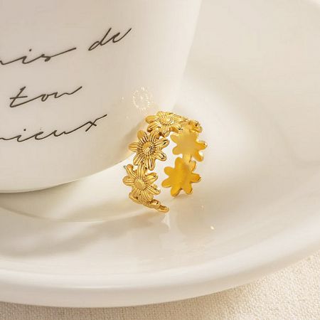 Stainless Steel Gold Sunflower Open Cuff Rings (Set of 5) - A set of five stainless steel gold sunflower open cuff rings displayed on a clean white background.