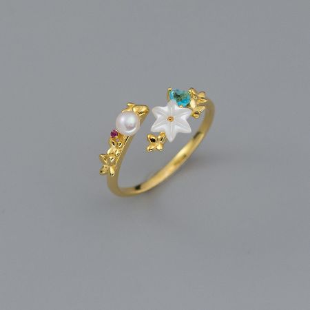 Gold Pearl & Flower Sterling Silver Open Rings (Set of 5) - A gold-plated 925 sterling silver ring from a set of five, featuring an elegant pearl and floral gemstone design, representing a wholesale jewelry collection.