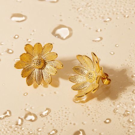 Stainless Steel Daisy Textured 3D Sunflower Stud Earrings (Set of 5 Pairs) - A pair of stainless steel stud earrings shaped like 3D sunflowers with a detailed, textured gold finish, shown on a plain background.