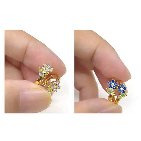 The versatile flower hoop earrings displayed with their interchangeable gemstone options.