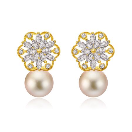 Dangle With Delight Pearl Studs - Dangle With Delight Pearl Studs featuring gold-toned metal flower tops with clear gemstones and large light-colored pearls.