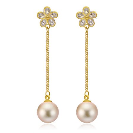 Elegant gold chandelier earrings with flower studs and long chains ending in light pink pearls.