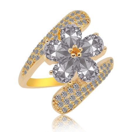 Delicate Floral Wrap Fashion Ring - Front view of the Delicate Floral Wrap Fashion Ring, showcasing its gold band and a flower-shaped cluster of four large, brilliant cubic zirconia stones.