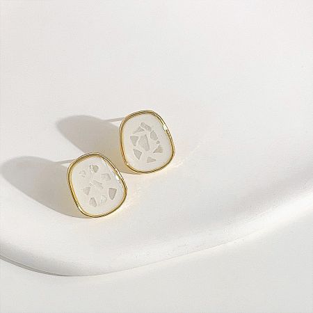 14k Gold Plated White Enamel Shell Rectangle Stud Earrings (5 Pairs) - A close-up of the 14k gold plated white enamel rectangle stud earrings, highlighting the delicate shell-like pattern on the white surface.
