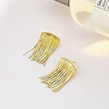 A detailed close-up of the S925 sterling silver waterfall tassel earrings in a gold finish.