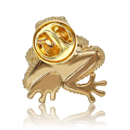 Back view of the gold frog brooch pin showing the butterfly clutch fastener.