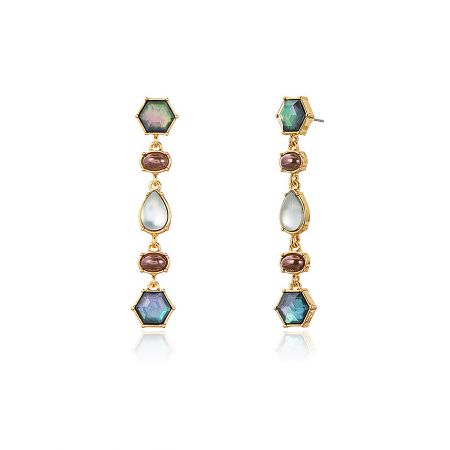 Brincos Vintage Long Drop Statement - Um par de Brincos Vintage Long Drop Statement (JRE-056) feitos de latão banhado a ouro, apresentando um design art déco com pérolas falsas e pedras preciosas de acrílico.