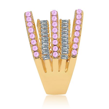 The Stun The Crowd Bling Ring displayed on a decorative gold holder, showcasing its pink and clear gemstones.