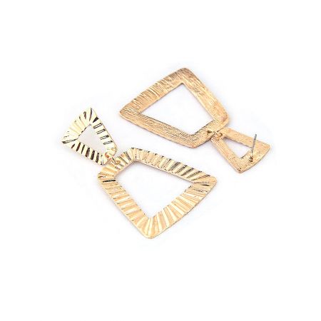 Side view of the large geometric gold earrings, showcasing their unique shape and structure.
