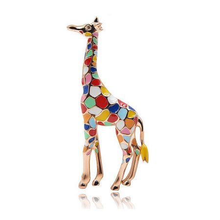 Colorful Enamel Giraffe Brooch - Artistic Animal-Inspired Pin - A close-up of the colorful enamel giraffe brooch, showcasing its intricate hand-painted mosaic details on a gold metal base.
