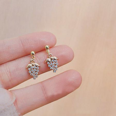 Gold Plated Tiny Zircon Grape Drop Earrings (5 pairs) - A pair of gold-plated drop earrings designed as a bunch of grapes, intricately detailed with sparkling tiny zircons.