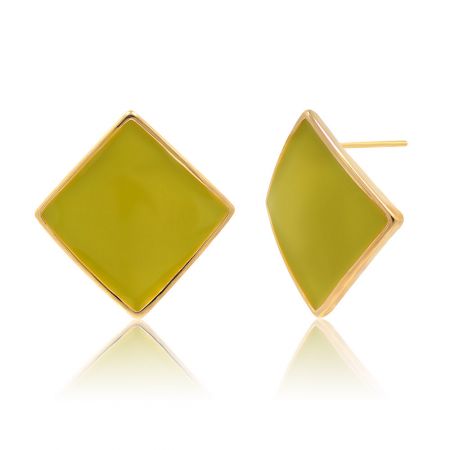 Square Enamel Geometry Earrings - Green - A pair of Square Enamel Geometry Earrings in vibrant green, featuring a gold-plated brass setting and a glossy finish.