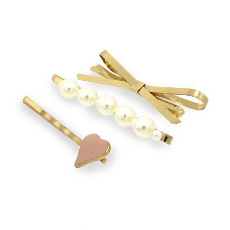 A pair of gold hair clips showcasing two distinct designs: a minimalist heart shape and a classic pearl-adorned style.