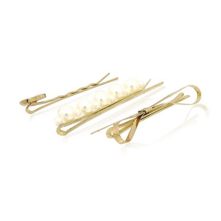 Comparison of two gold hair clips, one elegantly decorated with pearls and the other with a sleek, plain finish.
