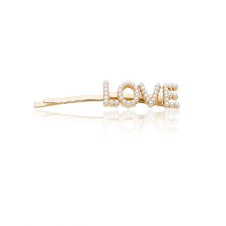 Custom Gold Hair Clip - Customizable gold hair clip featuring the word 'LOVE' encrusted with elegant pearls, showcasing the personalized accessory options.