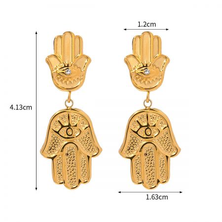 Hamsa hand earrings with dimension callouts, showing height and width for scale.
