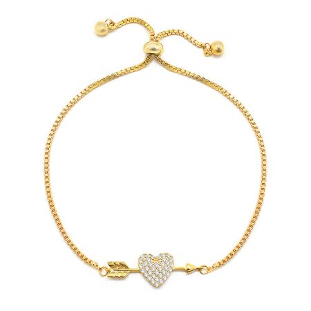 Heart Arrow Bracelet - A detailed view of the gold-plated Heart Arrow Bracelet, highlighting the intricate heart and arrow charm embellished with brilliant white cubic zirconia stones on a delicate chain.