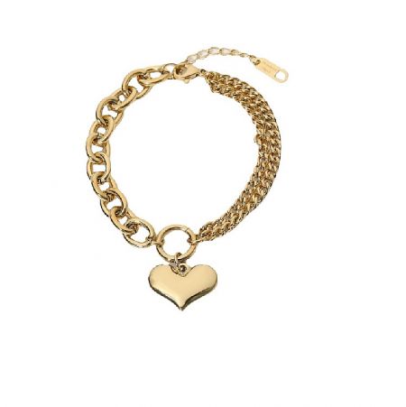 Gold Puff Heart Chain Link Bracelet - A close-up of the Gold Puff Heart Chain Link Bracelet, showcasing its polished gold-plated stainless steel and intricate heart-shaped links.
