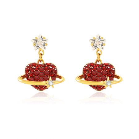 Wholesale Red Crystal Heart Earrings For Women - A pair of gold heart-shaped earrings featuring vibrant red crystal pavé, accented with a clear cubic zirconia stone and a star-shaped stud.