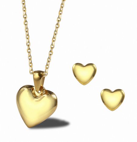 Close-up of the gold-plated stainless steel heart charm jewelry set, showing the necklace and earrings.