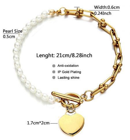 Detailed specifications of the Hearty Pearl Toggle Bracelet, showing dimensions for the chain, pearl, and heart charm.