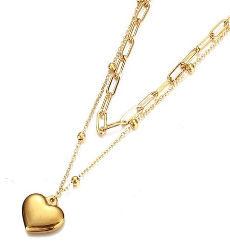 Heart Charm Layered Stainless Steel Necklace Wholesale - Front view of the Heart Charm Layered Stainless Steel Necklace in a polished gold finish, model JRN-037, by JR Fashion Accessories.