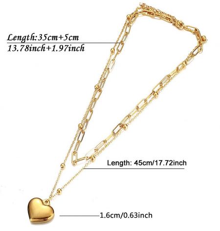Dimension details of the layered stainless steel necklace with heart charm.