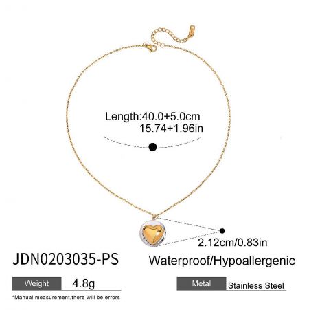 Detailed specifications of the heart pendant necklace, including dimensions, weight, and material.