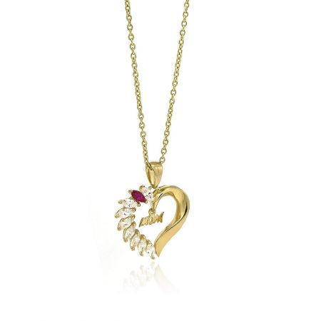Mother's Day Heart Necklace - Close-up of the Mother's Day Heart Necklace, showing the gold-plated heart pendant with a 'mom' charm and sparkling cubic zirconia stones.