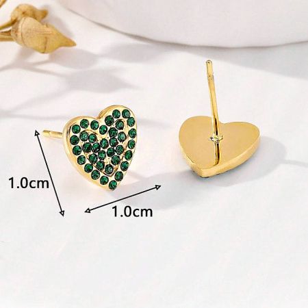 The green zircon heart earrings displayed with dimension details for wholesale reference.