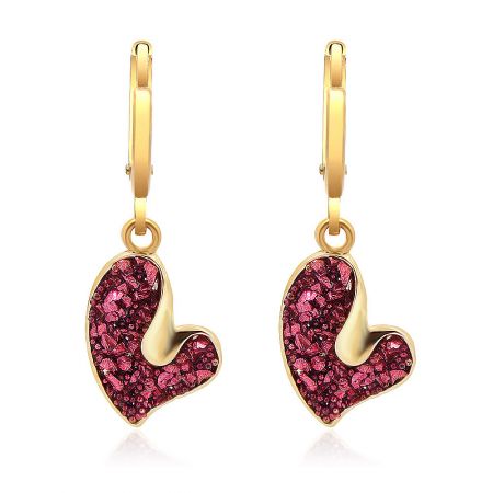 Sparkly Red Pink Glitter Love Heart Drop Earrings - A close-up of the Sparkly Red Pink Glitter Love Heart Drop Earrings, showing the gold-plated French hook and the shimmering pink acrylic heart pendant.