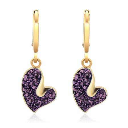 Sparkly Purple Glitter Love Heart Drop Earrings - A pair of Sparkly Purple Glitter Love Heart Drop Earrings, featuring gold-plated brass and a vibrant purple acrylic heart pendant on a white background.