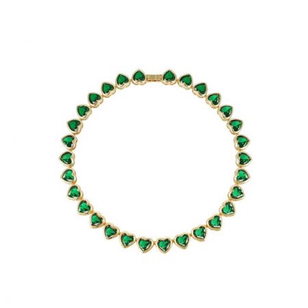 A clean, minimalist view of the gold-tone bracelet with green heart-shaped gemstones against a white background.