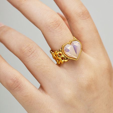Stainless Steel Gold Mermaid Purple Heart Stone Wide Weave Open Rings Set of 5 - A close-up of a stainless steel, gold-finished open ring from a set of five, featuring a delicate mermaid-style band and a central pale purple heart-shaped gemstone.