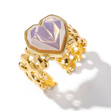 Another angle of the stainless steel gold ring with a purple heart stone.