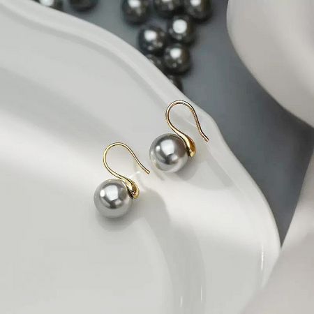 925 Sterling Silver Grey Pearl French Hook Earrings (5 Pairs) - A close-up of a single 925 sterling silver grey pearl earring with a polished gold French hook, showcasing its classic and elegant design.