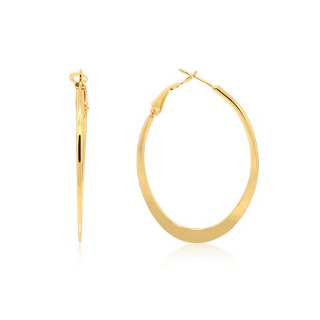 Orecchini ovali piatti in oro lucido - Una vista ravvicinata degli orecchini ovali piatti in oro lucido, che mostrano il loro design semplice e classico e la finitura dorata lucida.