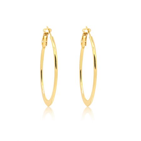 A pair of Gold Hoop Polished Oval Flat Earrings shown together, highlighting their classic design and shiny finish.